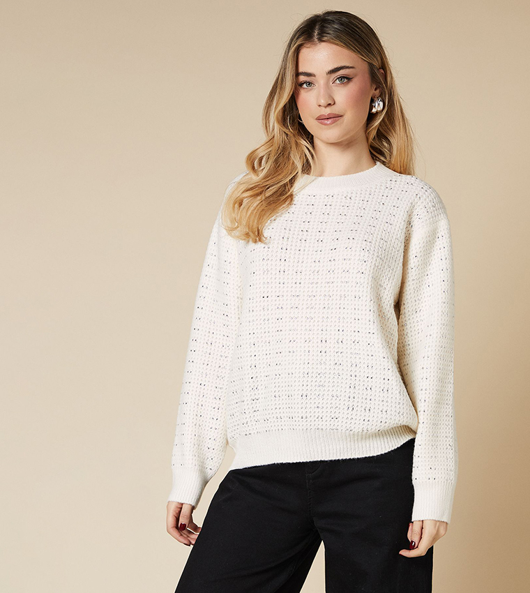 Buy Dorothy Perkins Embellished Waffle Knit Crew Neck Sweater In Ivory 6thStreet Oman