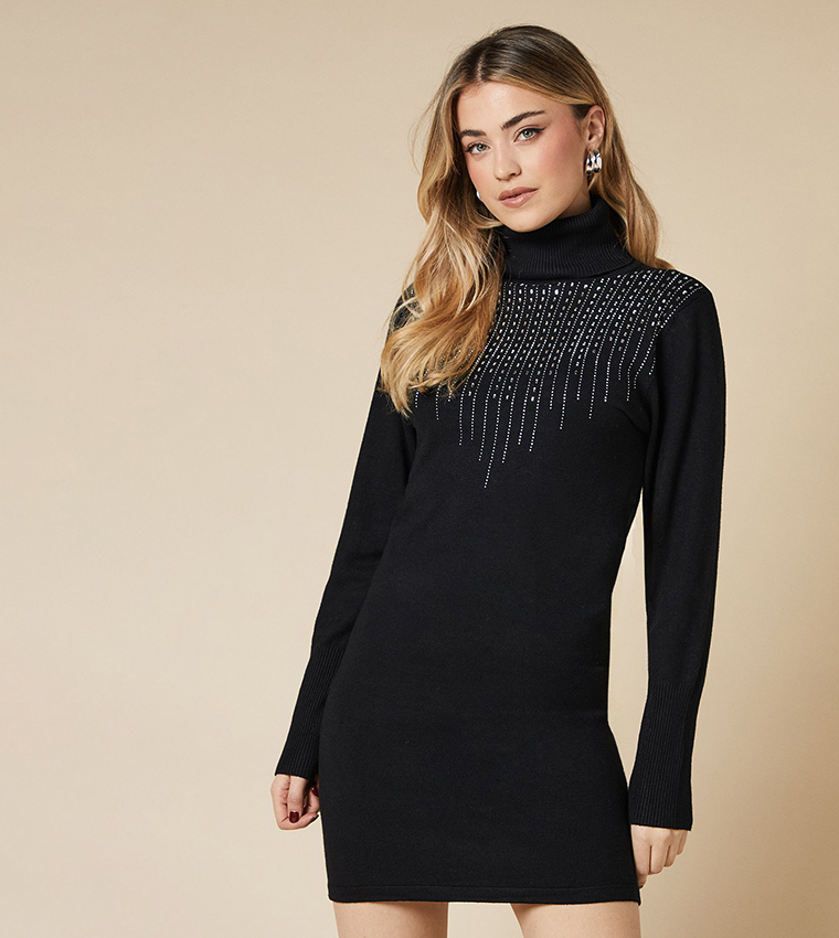 Buy Dorothy Perkins Embellished Roll Neck Knitted Dress In Black