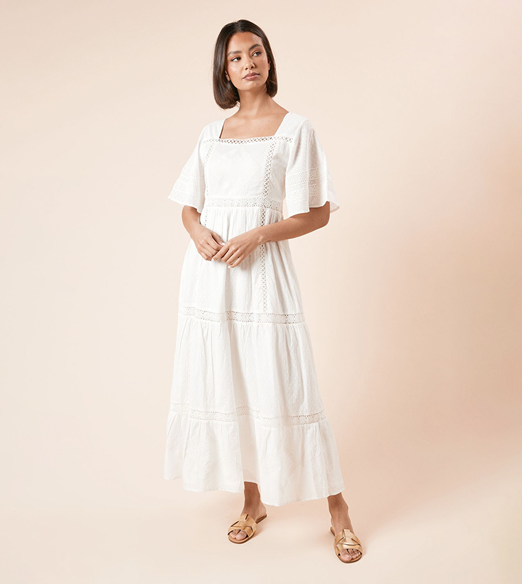 Embroidered Short Sleeves Midi Dress