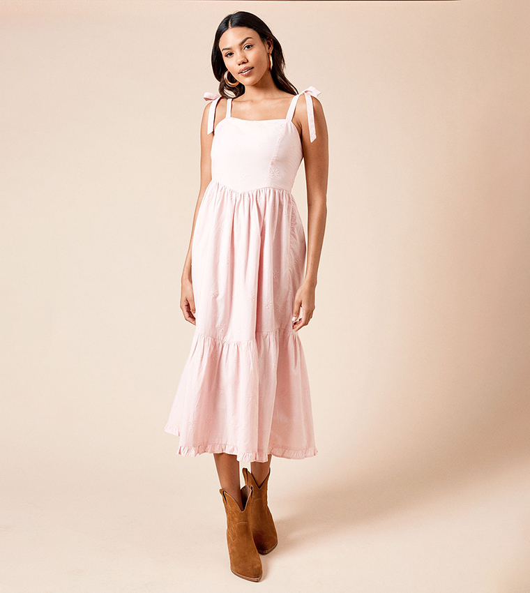 Embroidered Dropped Waist Strappy Poplin Midi Dress