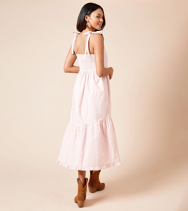 Embroidered Dropped Waist Strappy Poplin Midi Dress