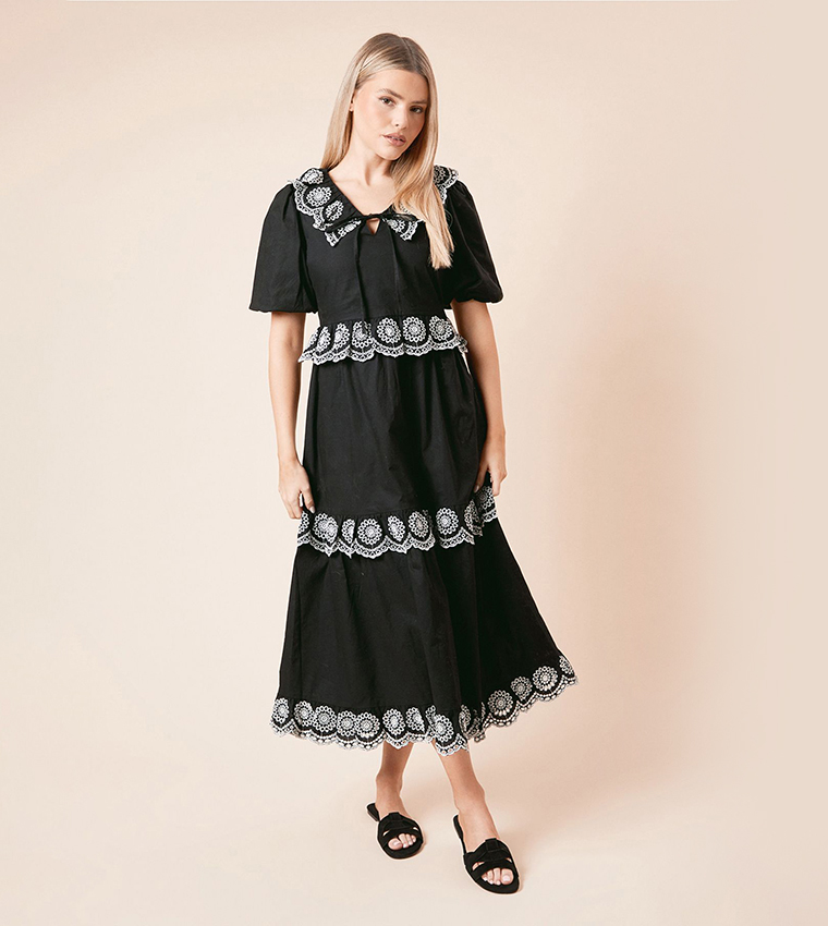 Embroidered Tiered Midi Dress