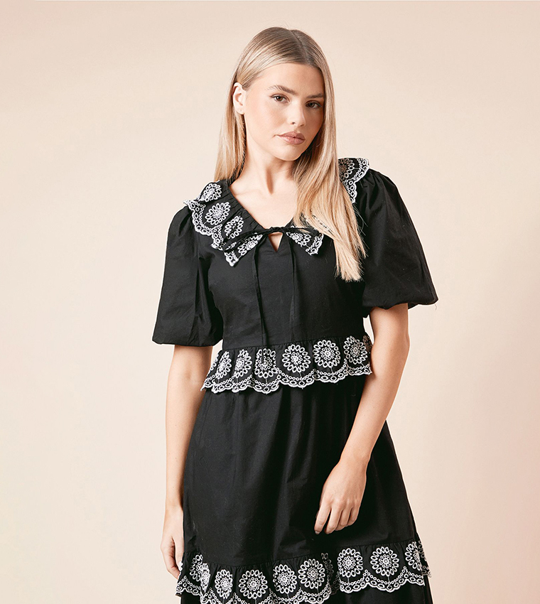 Embroidered Tiered Midi Dress