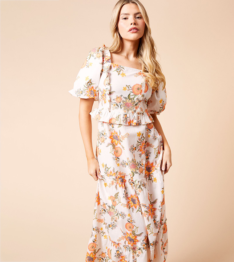 Floral Print Ruffle Square Neck Midi Dress