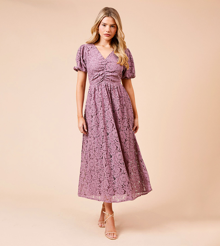 Lace Ruched Front Midaxi Dress