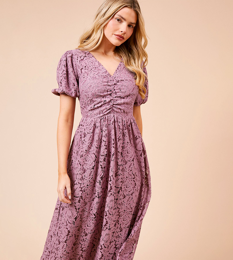Lace Ruched Front Midaxi Dress