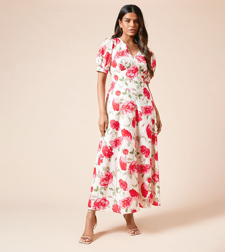 Petite Dropped Waist Poplin Short Sleeves Midi Dress