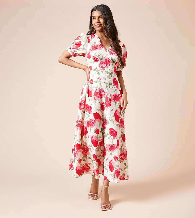 Petite Dropped Waist Poplin Short Sleeves Midi Dress
