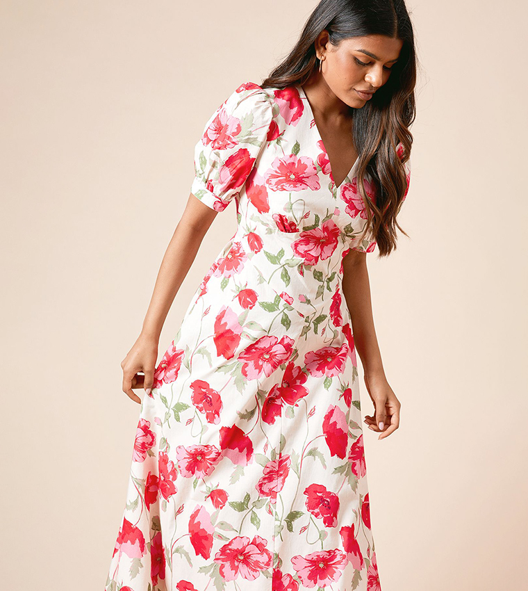 Petite Dropped Waist Poplin Short Sleeves Midi Dress