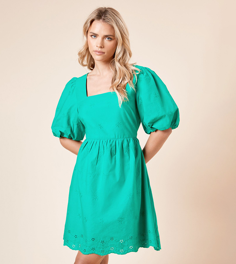 Petite Embroidered Square Neck Mini Dress