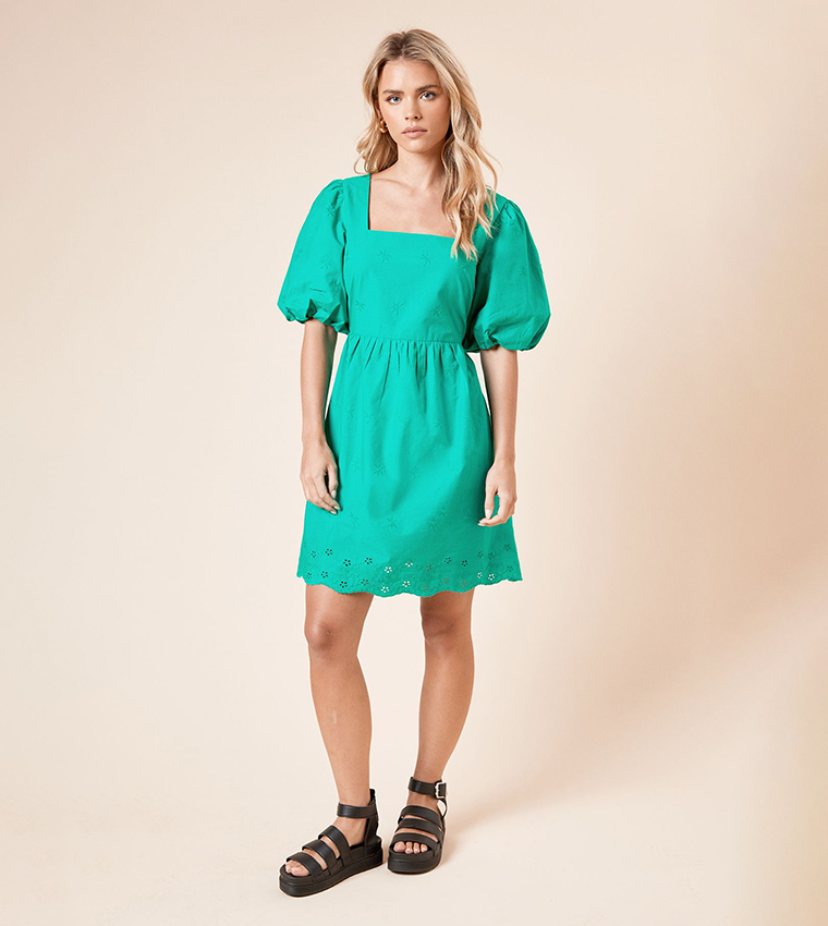 Petite Embroidered Square Neck Mini Dress
