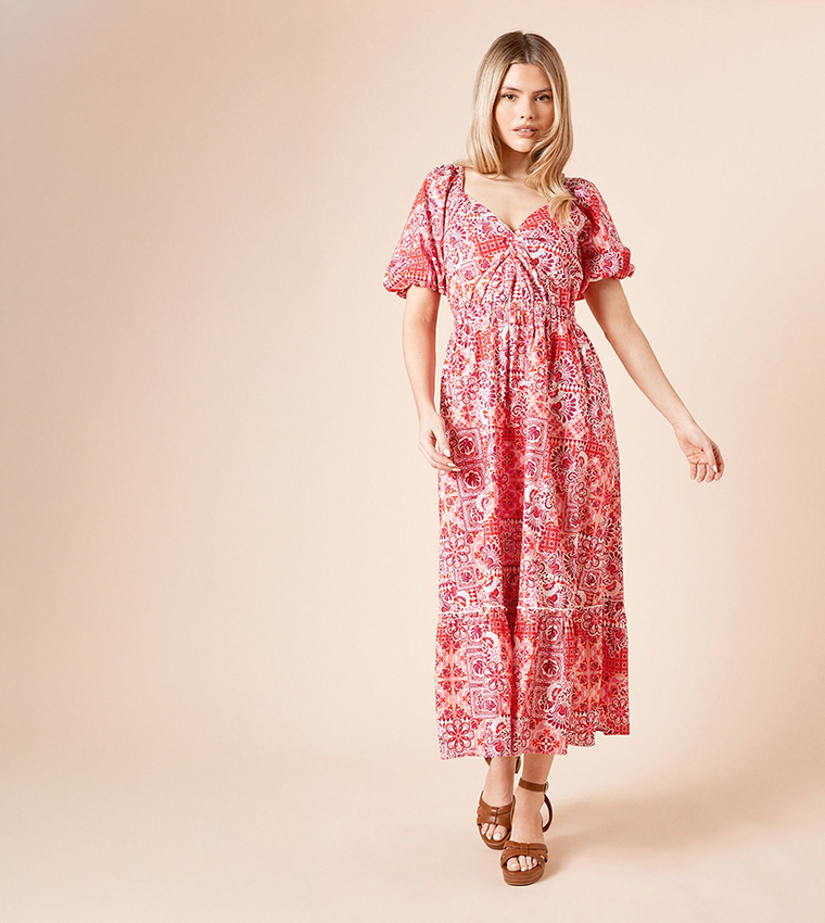 Printed Poplin Twist Front Midi Dress