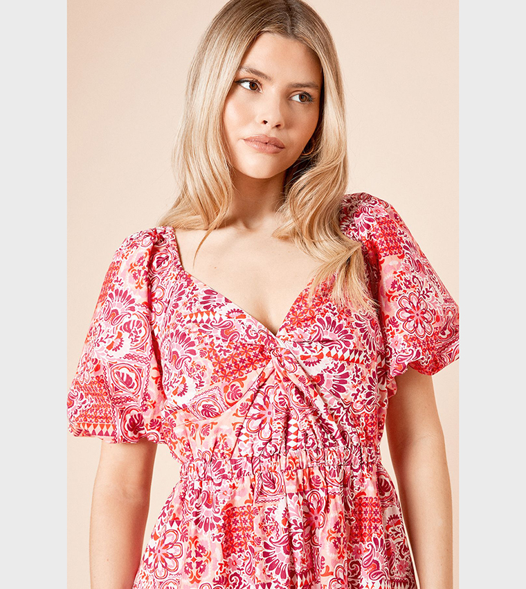 Printed Poplin Twist Front Midi Dress