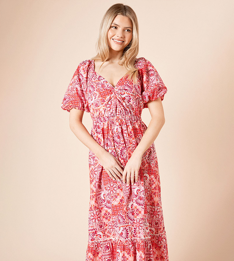 Printed Poplin Twist Front Midi Dress