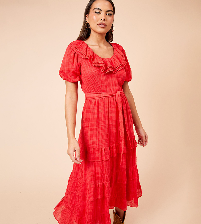 Scoop Neck Ruffle Tiered Midi Dress