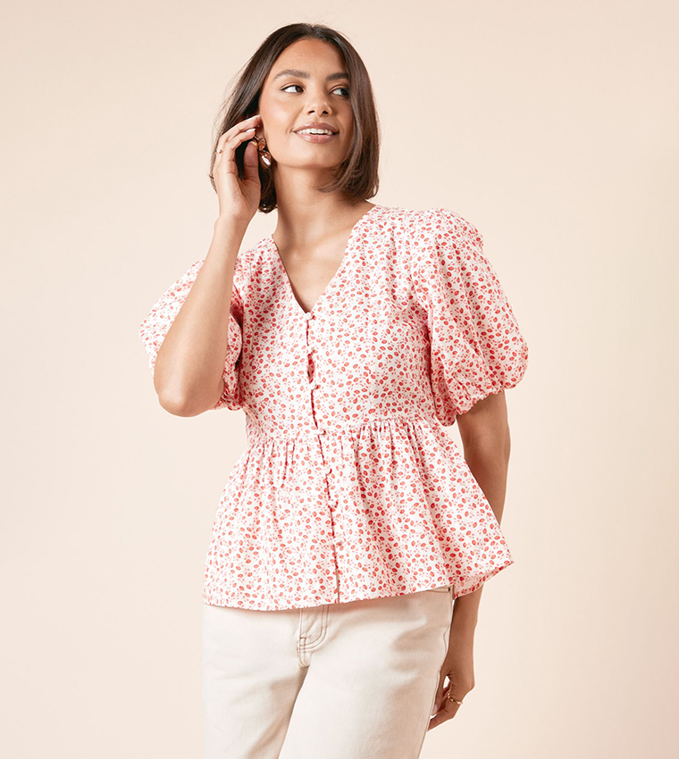 Floral Print V-Neck Peplum Top