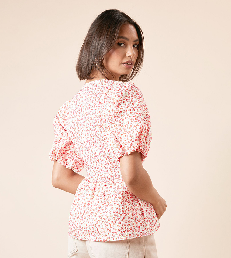 Floral Print V-Neck Peplum Top