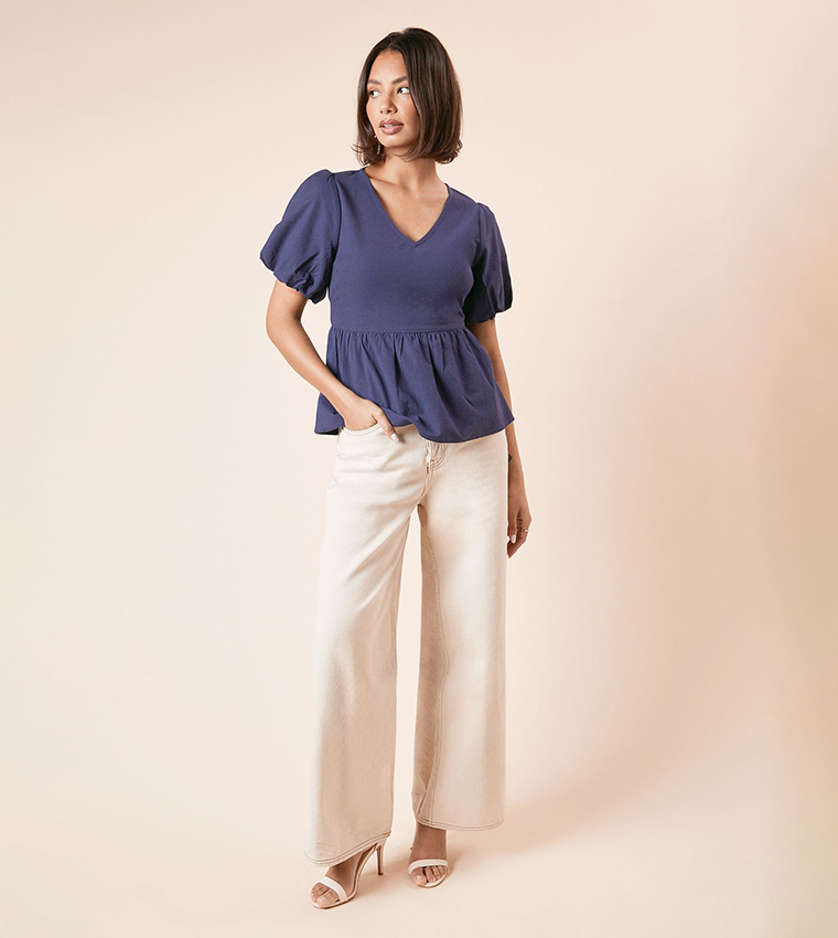 Solid Puff Sleeves Linen Top
