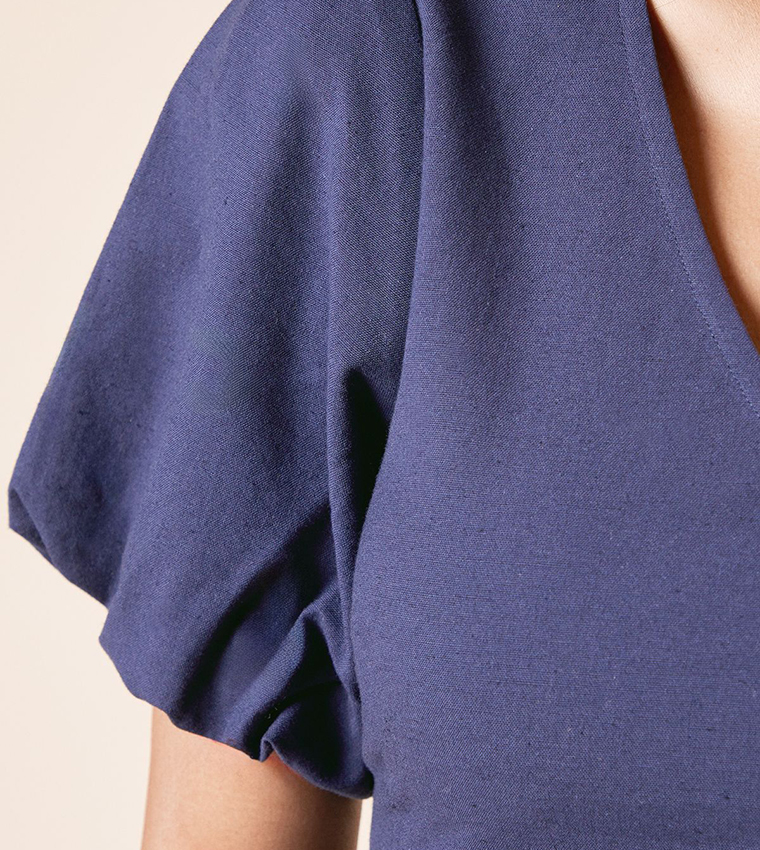 Solid Puff Sleeves Linen Top