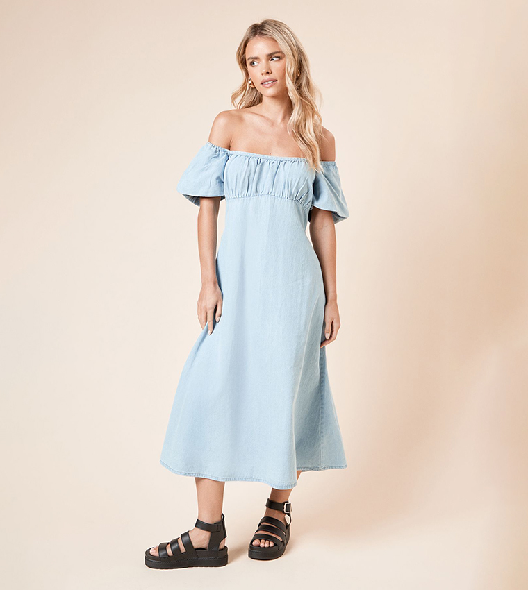 Petite Chambray Bust Detail Midi Dress