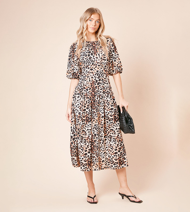 Animal Printed Puff Sleeves Midi Dress