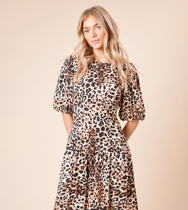 Animal Printed Puff Sleeves Midi Dress