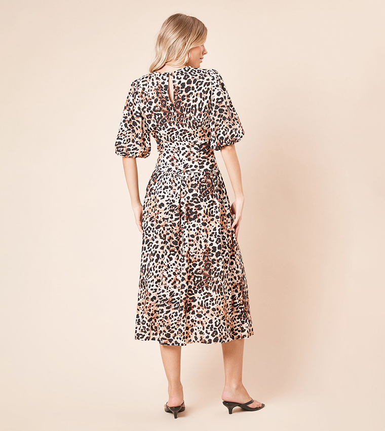 Animal Printed Puff Sleeves Midi Dress