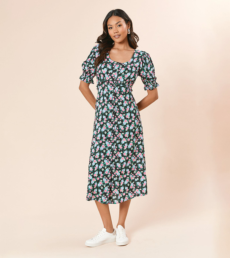 Floral Printed Button Front Puff Sleeves Midi Dress