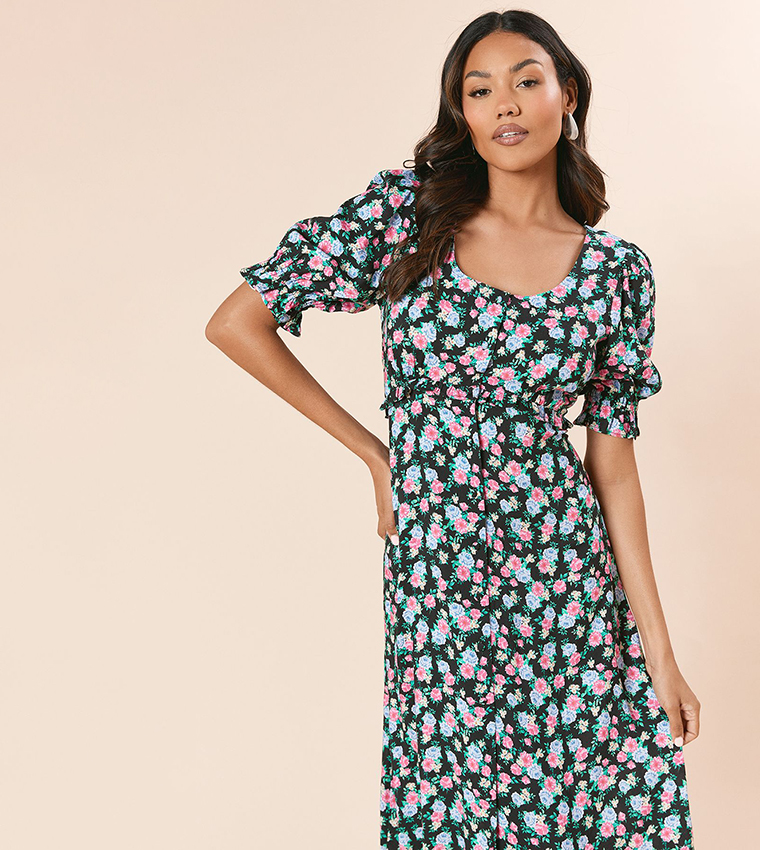 Floral Printed Button Front Puff Sleeves Midi Dress