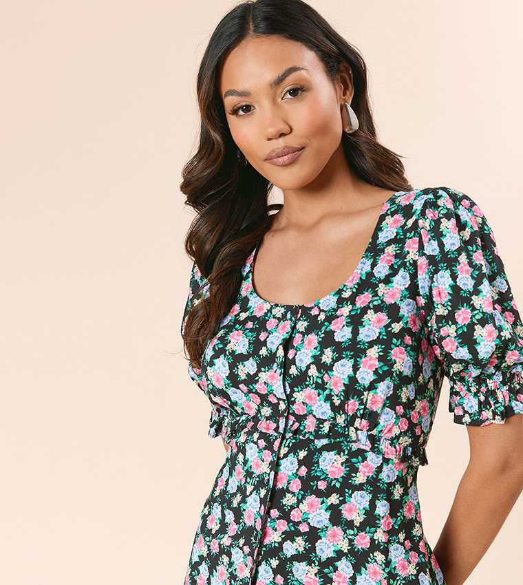 Floral Printed Button Front Puff Sleeves Midi Dress