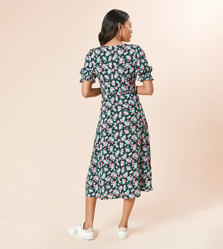 Floral Printed Button Front Puff Sleeves Midi Dress