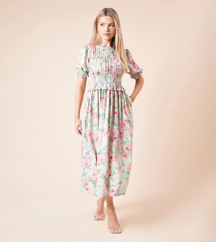 Floral Print Puff Sleeves Midi Dress