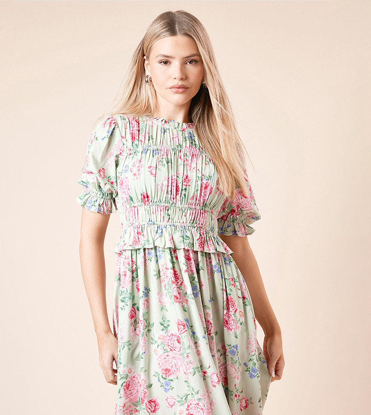 Floral Print Puff Sleeves Midi Dress