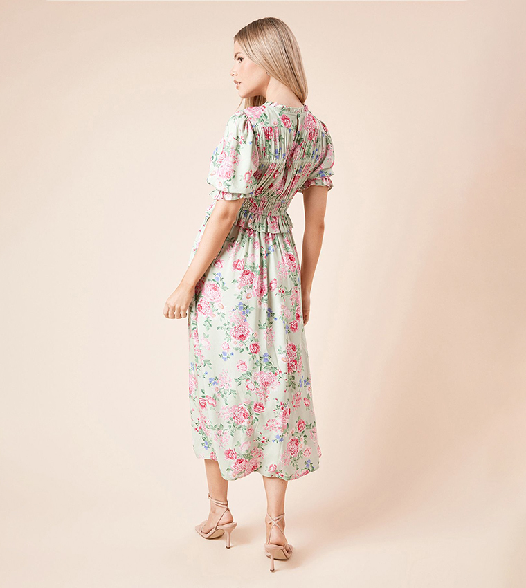 Floral Print Puff Sleeves Midi Dress