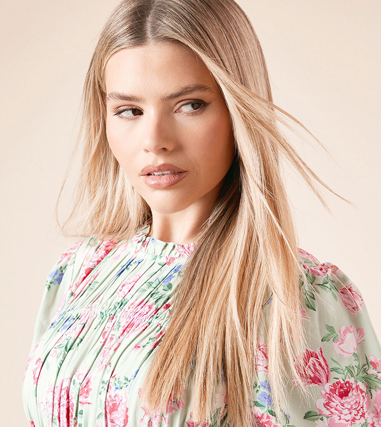 Floral Print Puff Sleeves Midi Dress