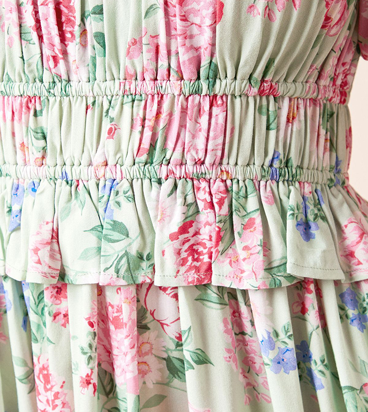 Floral Print Puff Sleeves Midi Dress
