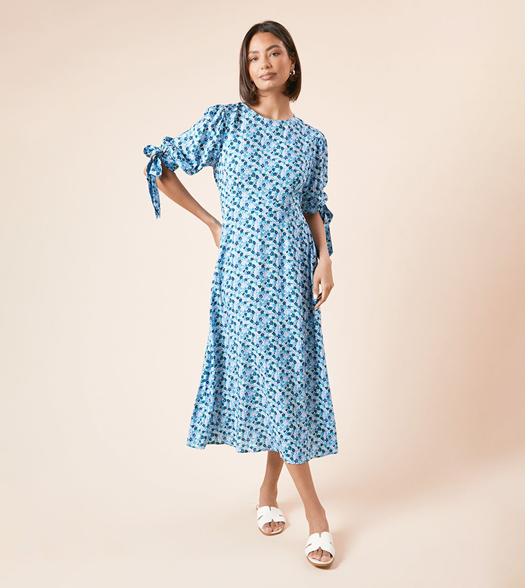 Floral Print Puff Sleeves Midi Dress