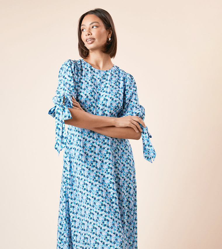 Floral Print Puff Sleeves Midi Dress
