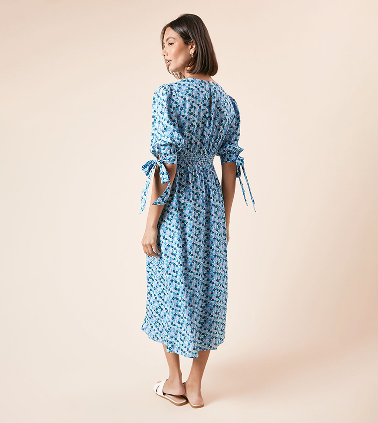Floral Print Puff Sleeves Midi Dress