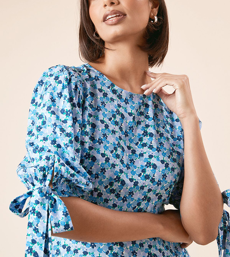 Floral Print Puff Sleeves Midi Dress