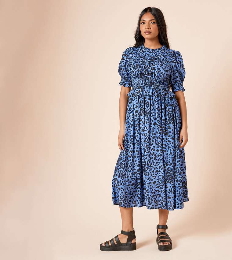 Petite Animal Shirred Bodice Puff Sleeves Midi Dress
