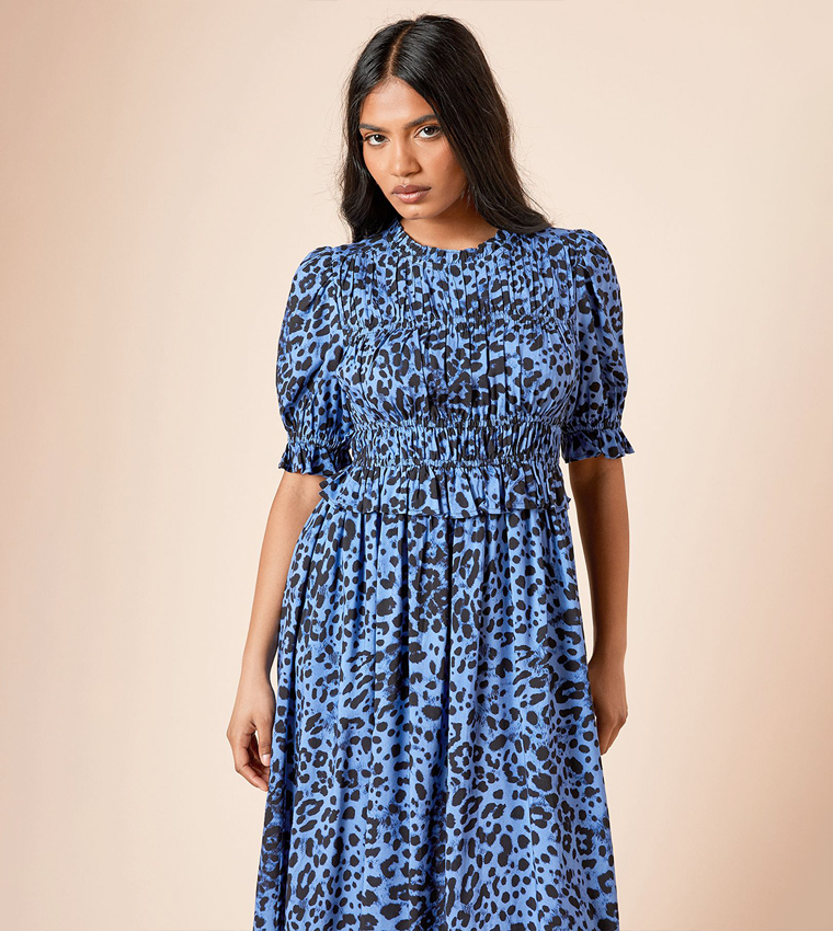 Petite Animal Shirred Bodice Puff Sleeves Midi Dress