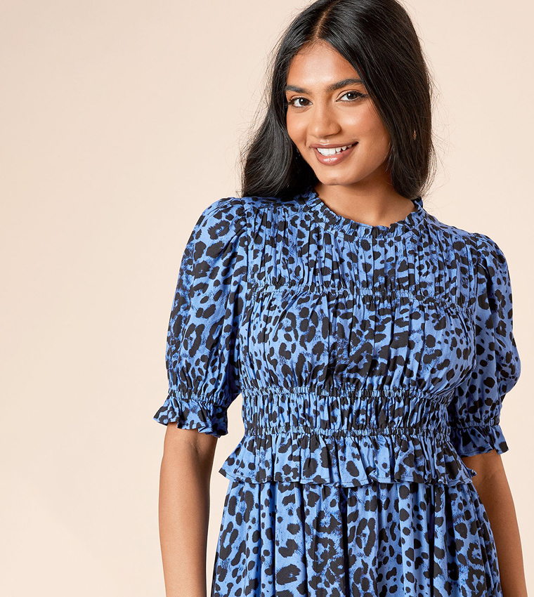 Petite Animal Shirred Bodice Puff Sleeves Midi Dress