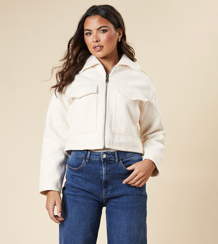 Zip Front Pocket Detail Crop Jacket