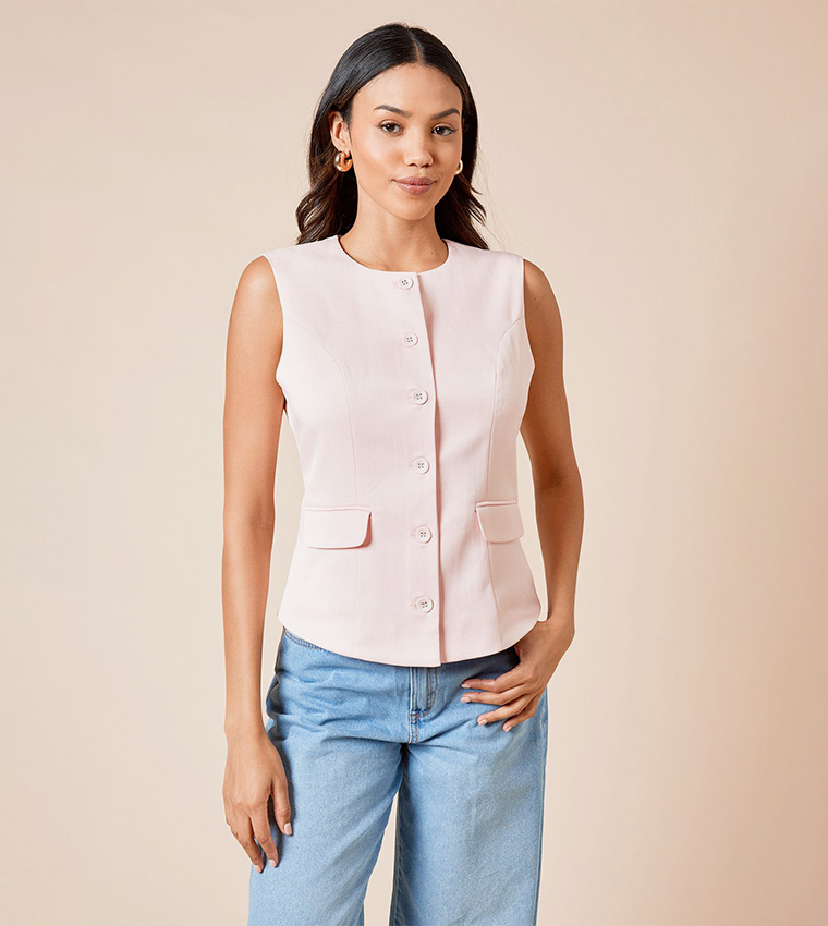 Button Closure Crew Neck Waistcoat