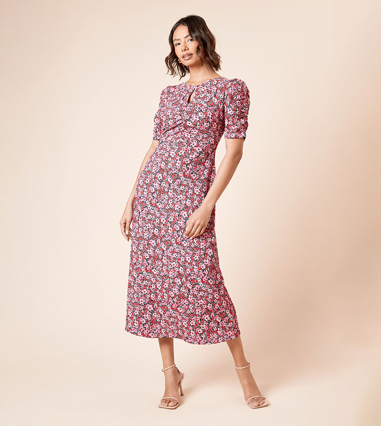 Floral Print Short Sleeves Midi Dress