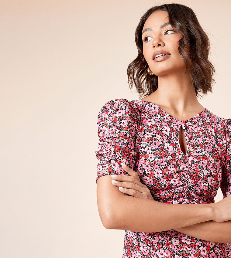 Floral Print Short Sleeves Midi Dress