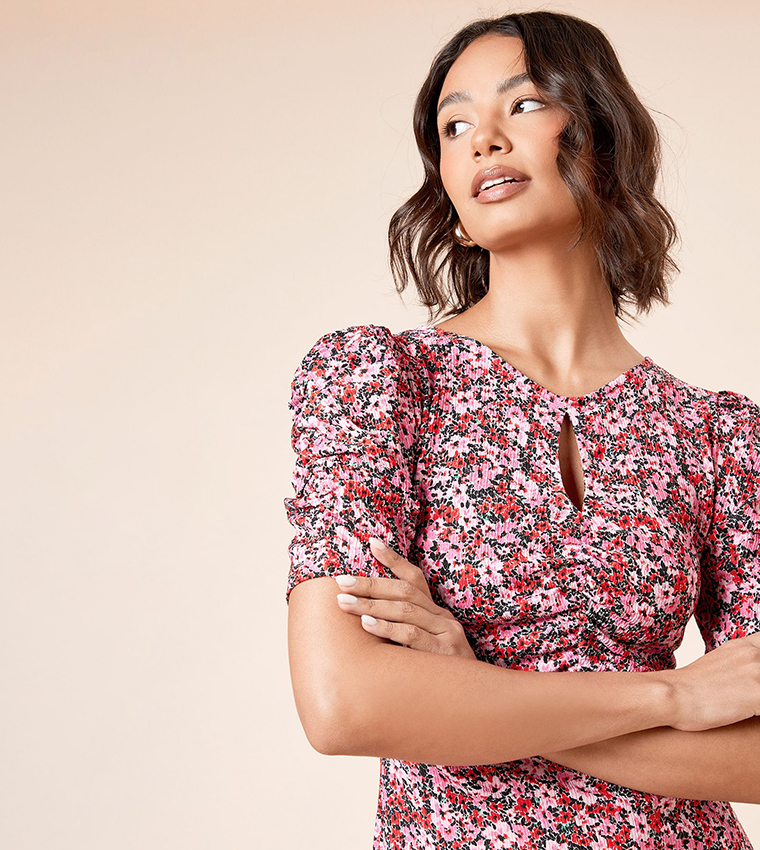 Floral Print Short Sleeves Midi Dress