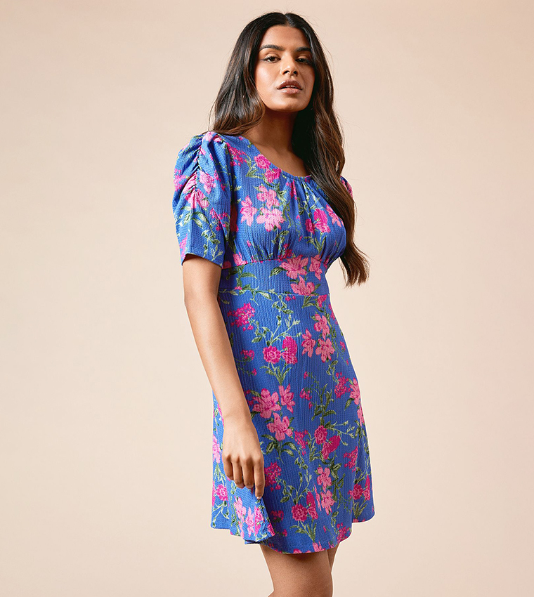 Petite Floral Print Puff Sleeves Mini Dress
