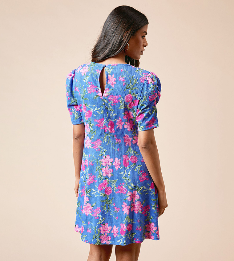 Petite Floral Print Puff Sleeves Mini Dress